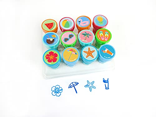 12 Pcs Summer Beach Pool Party Stamp Kit for Kids Self Inking Stamps Gift Party Favors