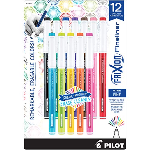 PILOT Pen 11452 FriXion Fineliner Erasable Marker Pens, Fine Point, Assorted Color Inks, 12 Count-Pack