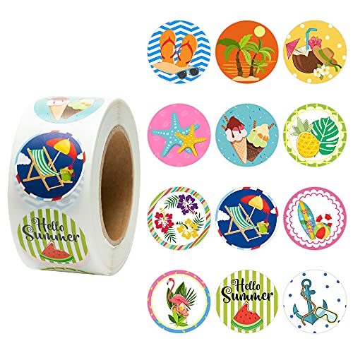 BeYumi 500Pcs Hello Summer Stickers for Kids Perforated Round Label Decals with Different Design Luau Hawaii Summer Party Favors Tropical Stickers for Scrapbooking Bottles Computer Luggage (1 inch)