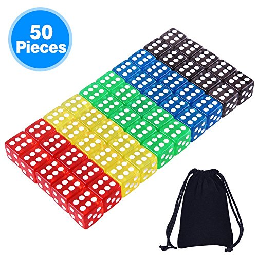 AUSTOR 50 Pieces Game Dice Set 5 Translucent Colors Square Corner Dice with a Free Pouch
