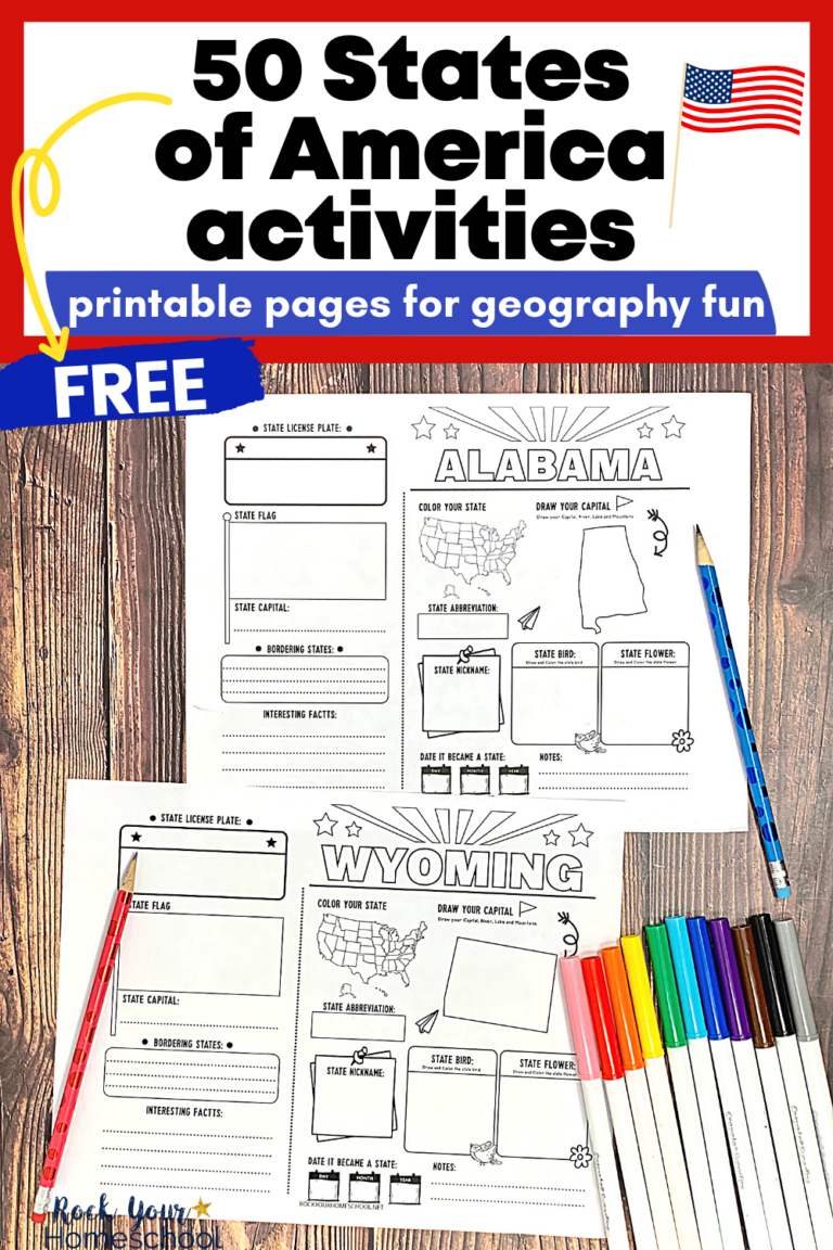 Alabama and Wyoming printable pages with red and blue pencils and rainbow of markers on wood background to feature this free set of 50 States printable activities for geography fun