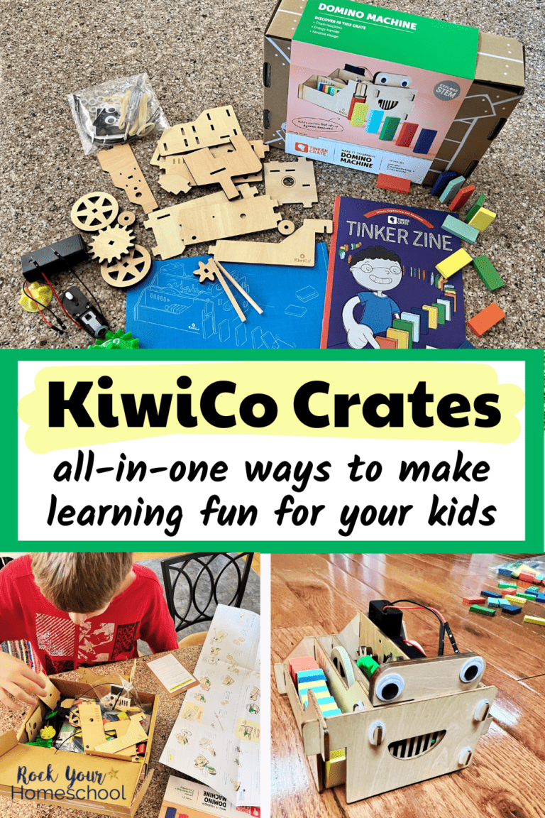 KiwiCo review with example of Tinker Crate materials, boy working on project, and completed Domino Machine.