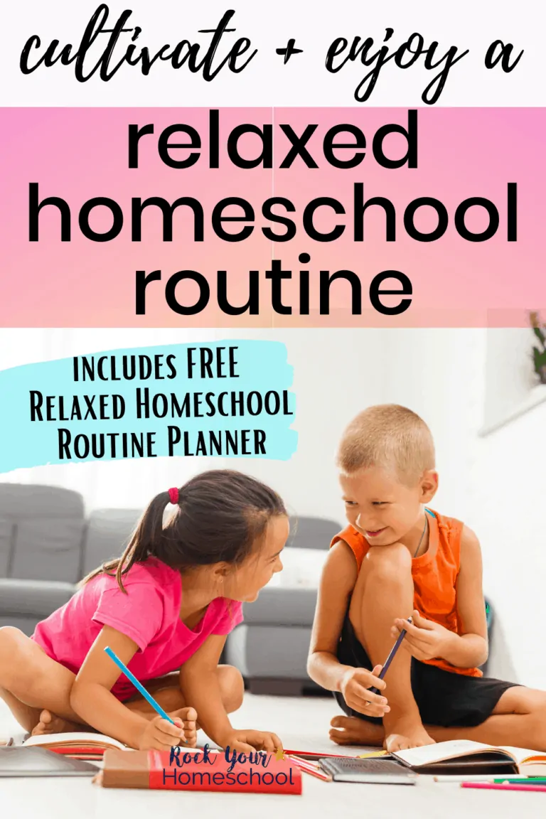 Sister and brother on floor of family room smiling as they do homeschool work to feature how you can cultivate & enjoy a relaxed homeschool routine with these tips, ideas, & free planner set