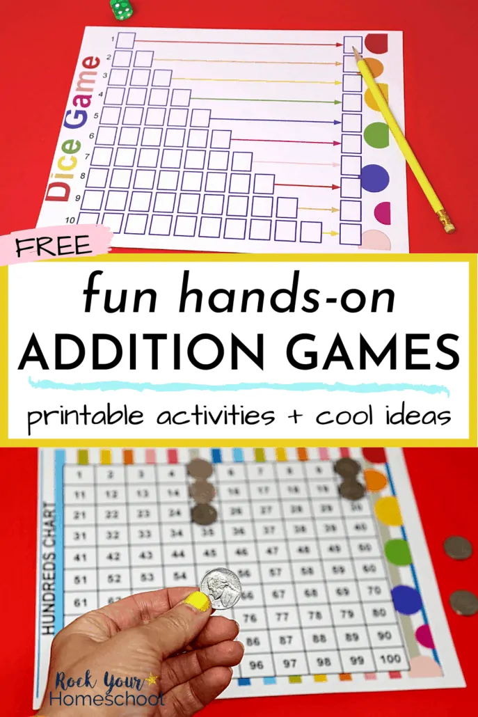 Colorful dice game with die and yellow pencil and woman holding nickel with hundreds chart to feature the awesome hands-on addition activities and games you\'ll get to make math fun for your kids