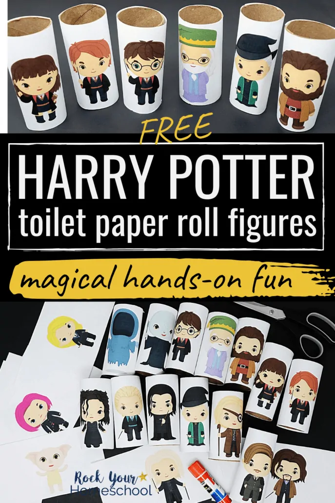 Harry Potter toilet paper roll figures of Hermione, Ron, Harry, Dumbledore, Professor McGonagall, Hagrid and more to feature the magical fun you can have with these free printable activities