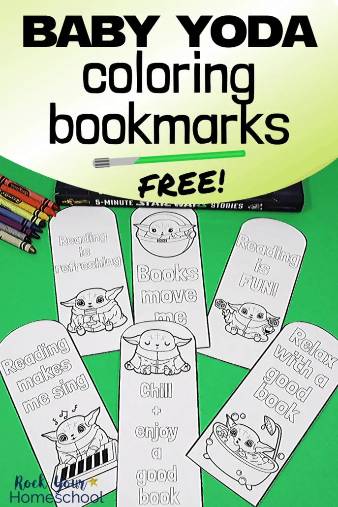 Baby Yoda coloring bookmarks with crayons & Star Wars books to feature the creative fun your kids will have with these printable bookmarks