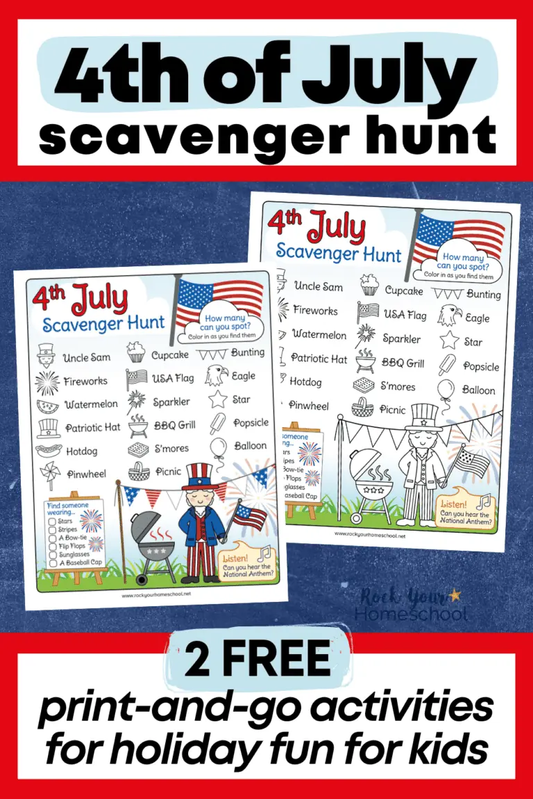 2 examples of 4th of July scavenger hunt printable pages on blue chalkboard background