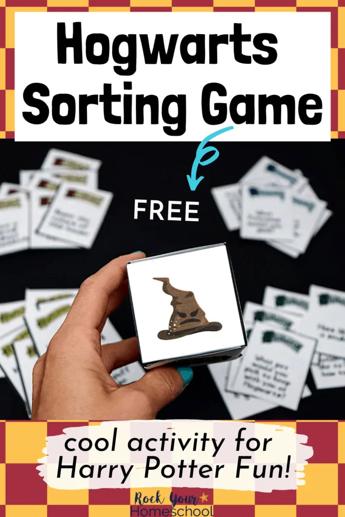 Woman holding Hogwarts Sorting Game custom die with House cards in background to feature the fantastic Harry Potter fun you'll have with these free Harry Potter game