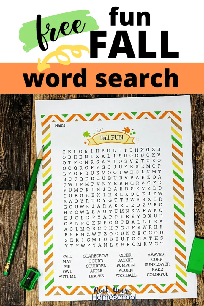 Fall Fun Word Search on wood background with green pencil, sharpener, and eraser to feature the awesome Autumn fun you'll have with this free printable activity