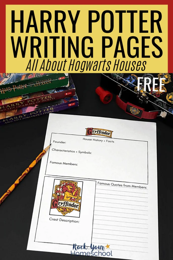 Gryffindor House writing page with pencil, books, & pencil case to feature how these Harry Potter writing pages help you make learning fun