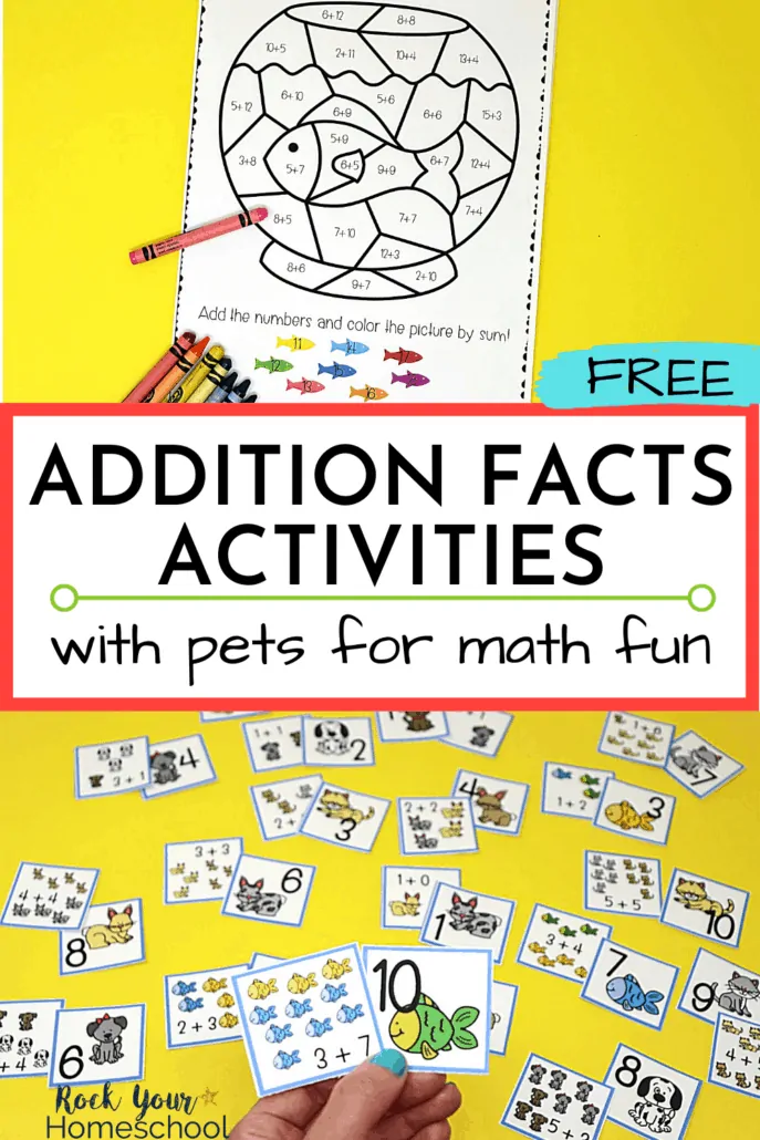 Color by Sum fish bowl with crayons and woman holding addition memory game cards to feature how this free set of Addition Facts Activities with pets is an awesome way to make math fun for kids