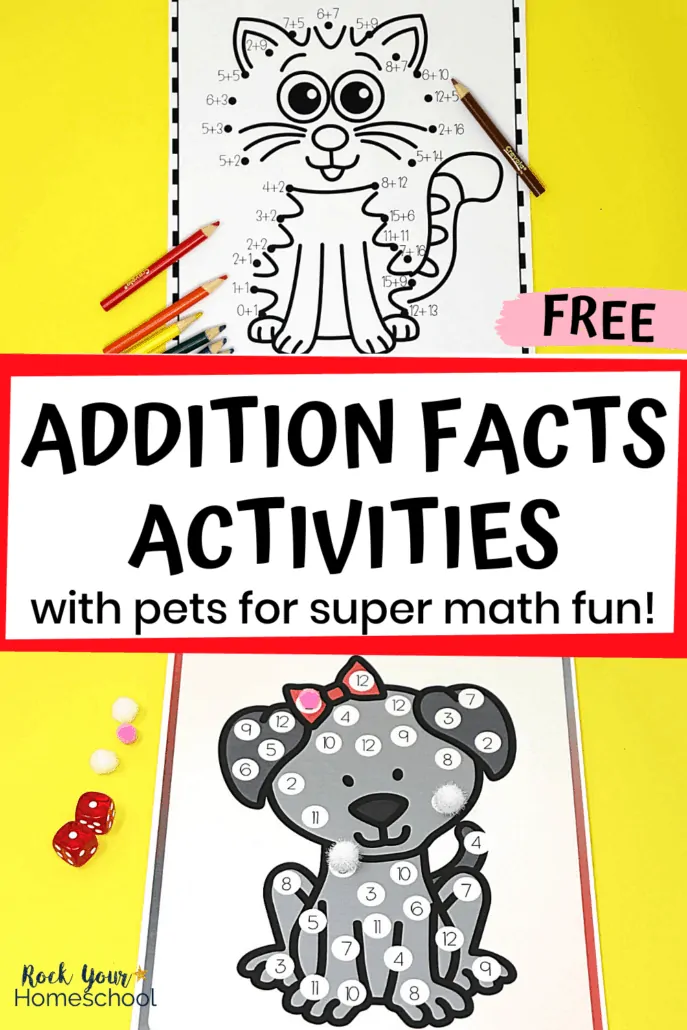 Connect by Sum cat with crayons and Roll and Cover dog with dice &amp; pompoms to feature the awesome math fun your kids will have with these free Addition Facts Activities with pets