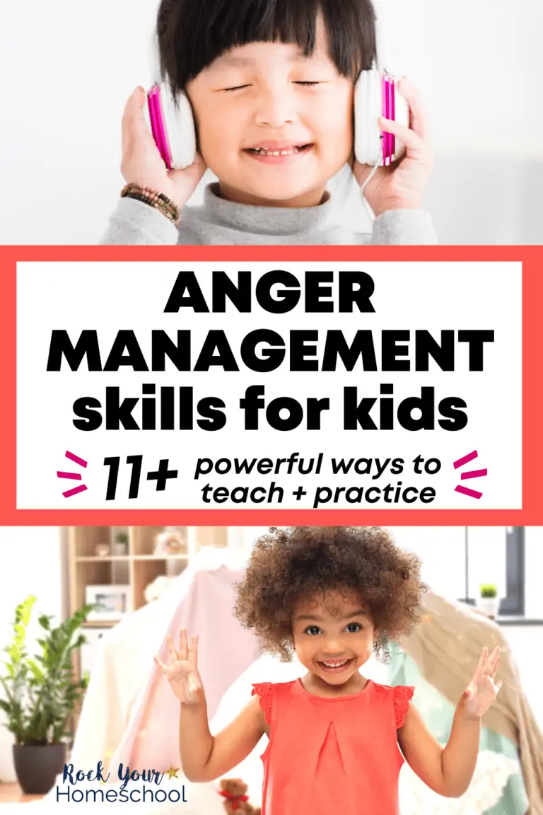 Young Asian child smiling with eyes shut while wearing headphones and young black girl smiling as she uses her fingers to count to ten to feature these anger management skills for kids