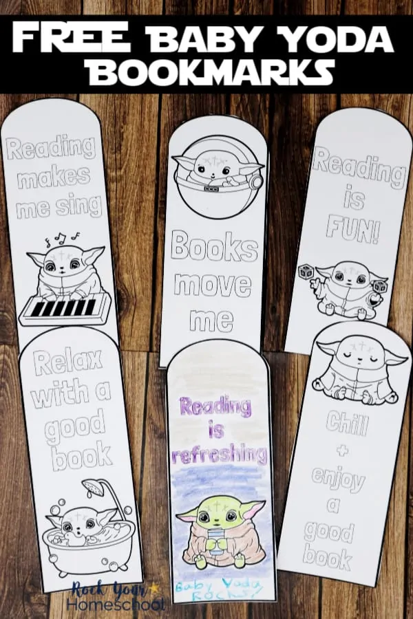 6 free Baby Yoda Coloring Bookmarks on wood background to feature the reading fun your kids can have with these printables