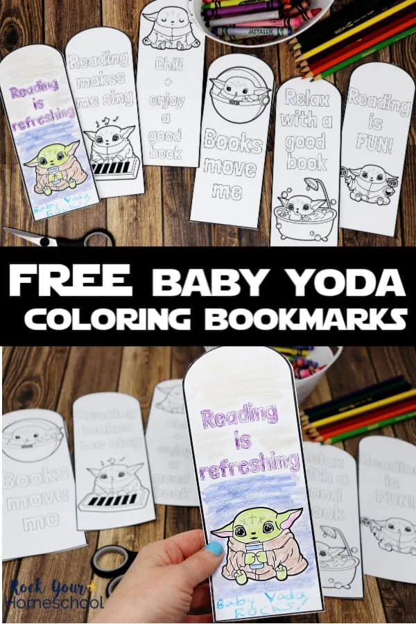 6 free Baby Yoda coloring bookmarks with color pencils and crayons on wood background &amp; woman holding completed Baby Yoda coloring bookmark to feature the reading fun you can have with these printables
