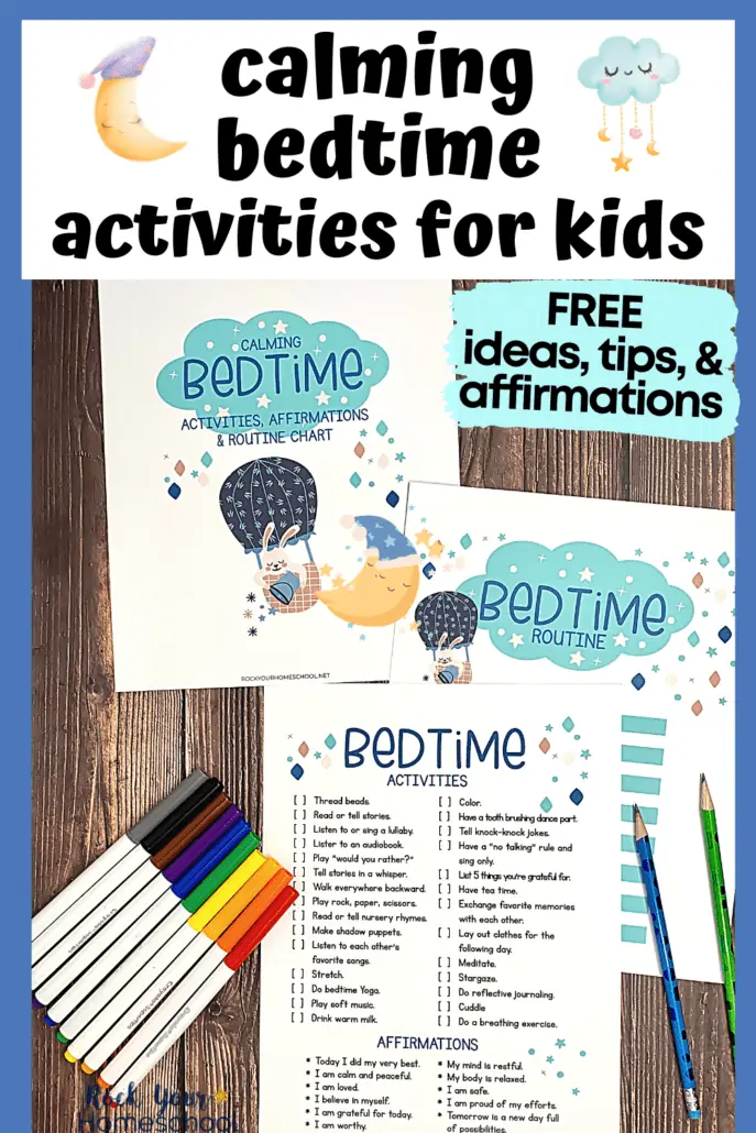 free printable calming bedtime activities with rainbow of markers and pencils on wood background