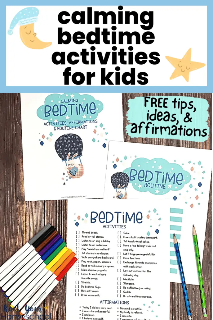 free printable pages of calming bedtime activities with rainbow of markers and pencils on wood background