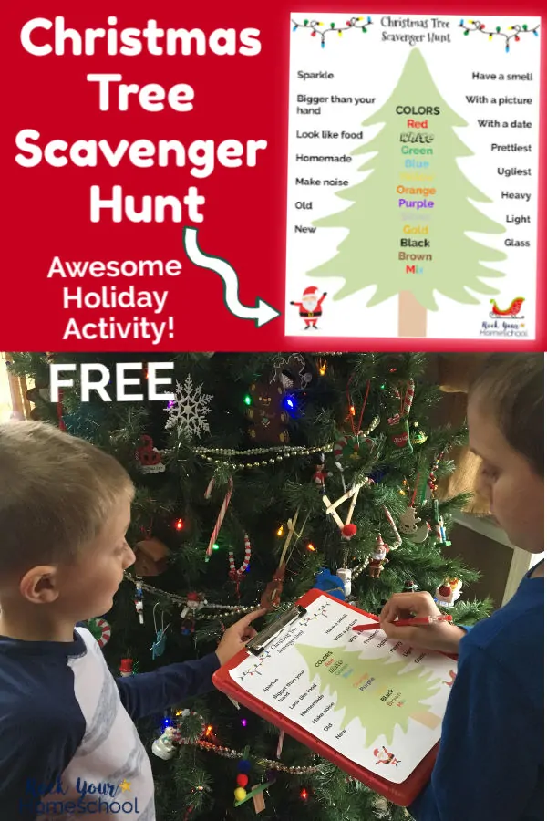 Two boys using Christmas Tree Scavenger Hunt printable list on red clipboard with Christmas tree in background