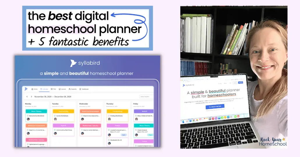 mock-up of Syllabird, a digital homeschool planner, and a mom holding a laptop in front of a bookcase