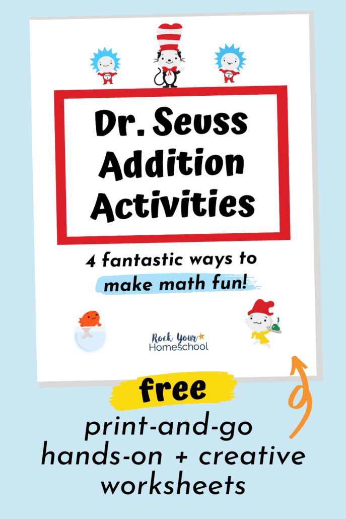 Dr. Seuss Addition Activities cover to feature the 4 addition activities your kids can use for hands-on & creative math fun