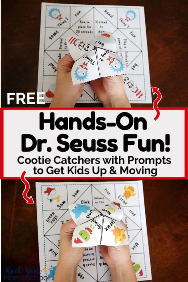 Boy holding 2 Dr. Seuss Cootie Catchers for wonderful hands-on fun
