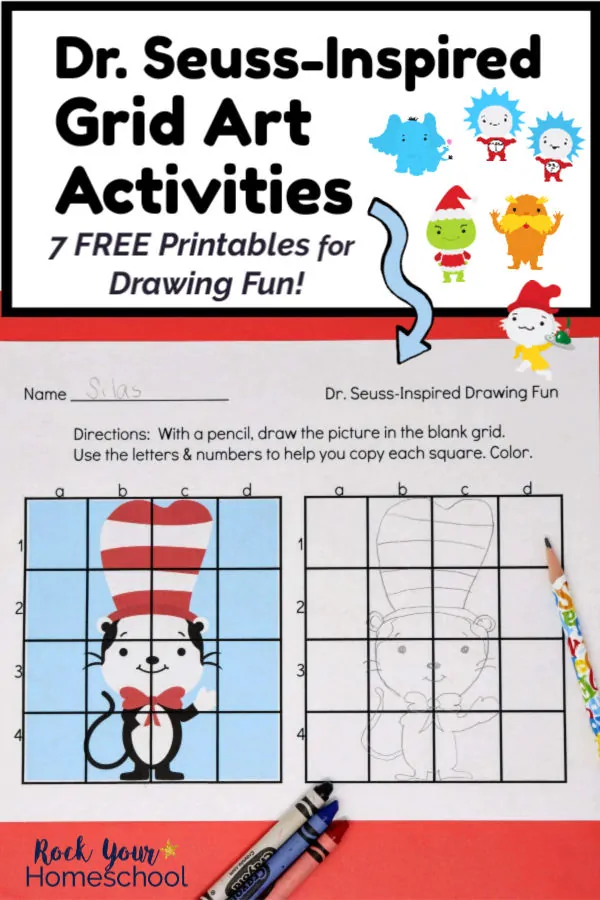 Dr. Seuss-Inspired Grid Art Activity featuring cute Cat in the Hat with pencil and crayons on red paper & Horton the Elephant, Thing 1, Thing 2, The Lorax, The Grinch & Sam I Am clipart