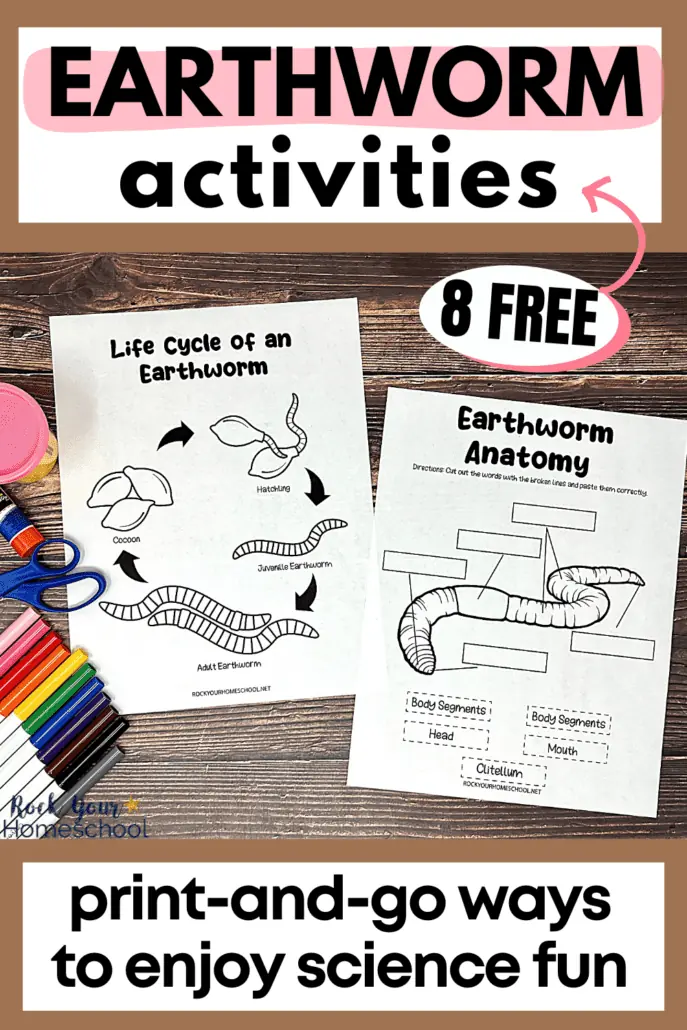 printable life cycle of an earthworm activities with pink playdough, glue stick, scissors, and markers.