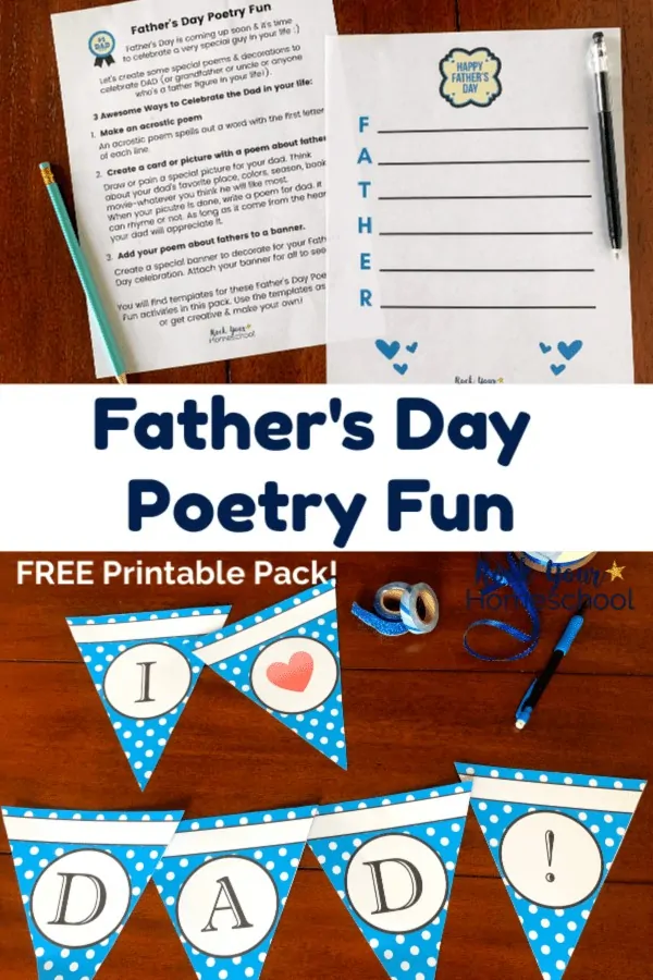 Father's Day Poetry Fun printables and acrostic poem with light blue pencil & black pen on dark wood table and decorative blue-and-white polka dot banner spelling I heart DAD! with blue glitter washi tape & pencil on dark wood