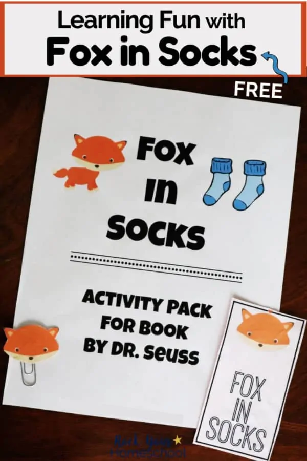 Cover of free printable activity pack of Fox in Socks and creative bookmarks to feature ways to extend the learning fun with this popular Dr. Seuss book