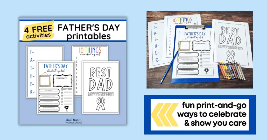 mock-up of 4 free Father's Day printables and example with blue pencil and rainbow of crayons