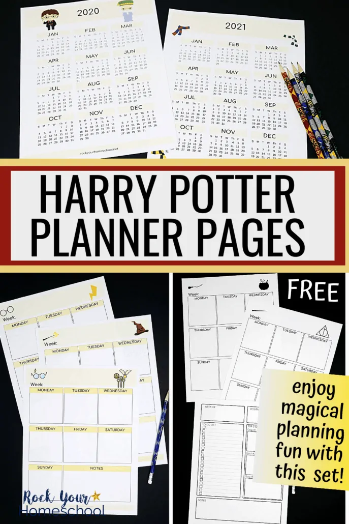 Harry Potter year-at-a-glance calendars, weekly planning pages, goal setting pages, and more to feature the magical planning fun you'll have with these free planner pages