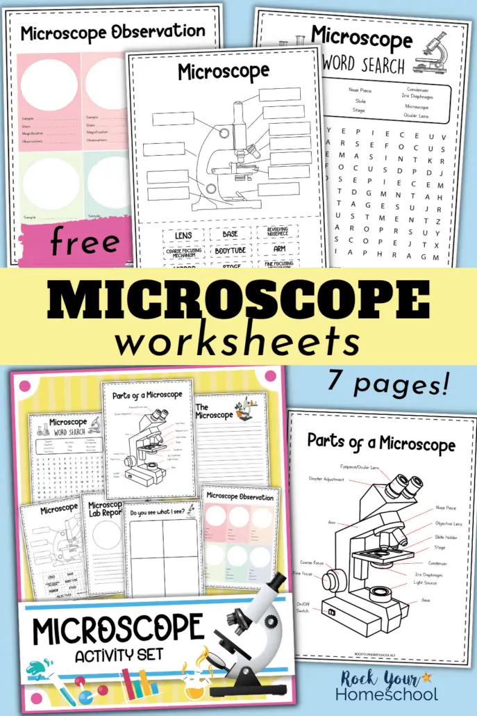 Microscope worksheets for observation, cut-and-paste, word search, parts of microscope, and cover to feature the science fun you\'ll have with this free set of microscope printables