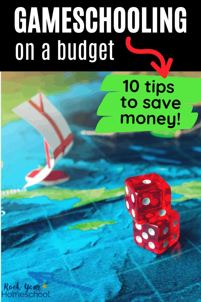 DIY game board for an ocean game featuring ships and 2 red dice to show how you can use these 10 tips and ideas for gameschooling on a budget so you can make learning fun with games and save money