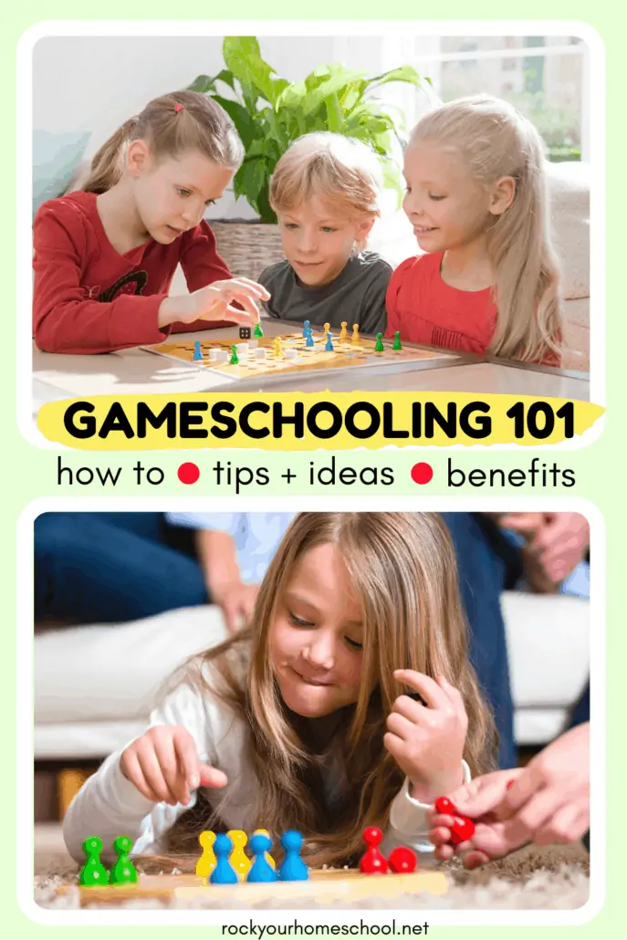 Sisters and brother playing board game and young girl playing board game with her family to feature how you can use this beginner's guide to gameschooling to learn more about this fun homeschool approach and if it's right for your family