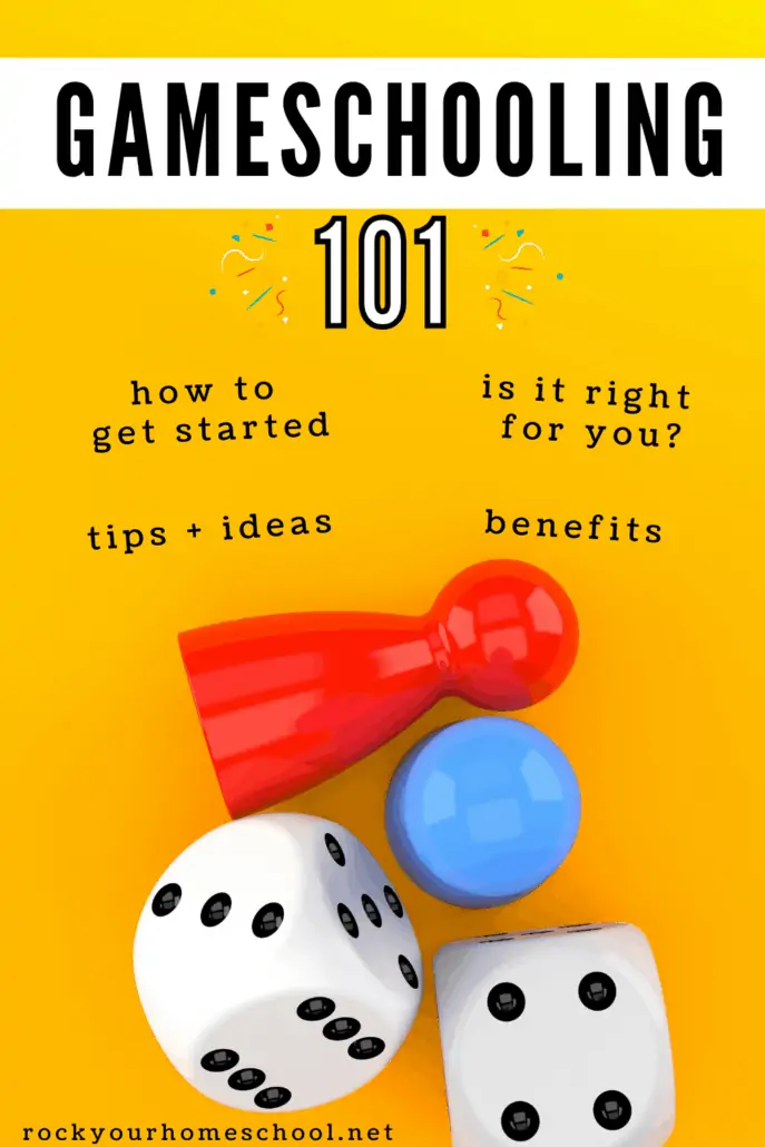 2 black and white dice and red and light blue game pieces to feature how you can use this gameschooling 101 guide to find out more about this fun homeschool approach and how to get started