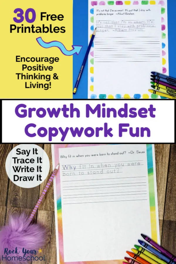 Growth mindset copywork page with watercolor frame and blue pencil & crayons on blue background and growth mindset copywork page with rainbow watercolor frame with purple puff pencil & rainbow of crayons on wood background
