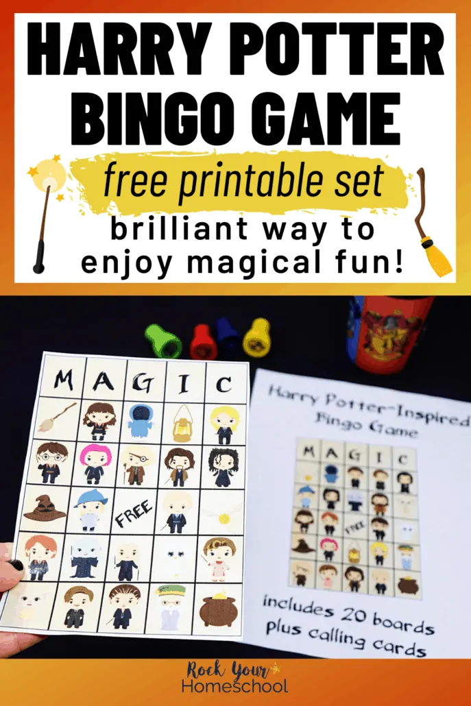 Woman holding a Harry Potter bingo game card with Harry Potter accessories in the background to feature the magical fun you can have with this free printable game