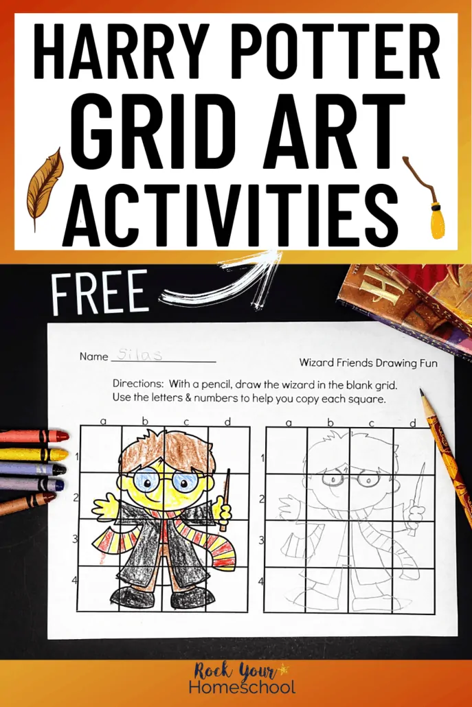 Harry Potter grid art activities with crayons, pencil, and book to feature the creative fun you can have with these free Harry Potter printables of grid art activities