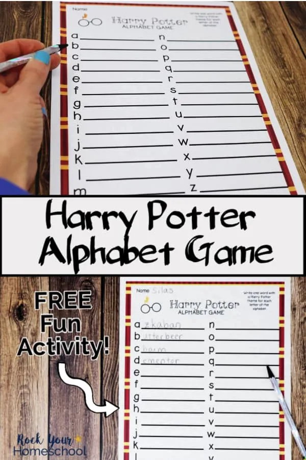 Woman holding silver pencil with free Harry Potter-Inspired Alphabet Game on wood background to feature the magical fun you can have with this simple activity