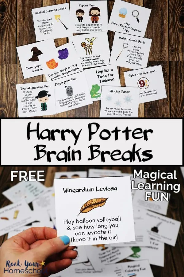 Harry Potter-Inspired brain breaks in printable cards on wood background and woman holding brain break card with other cards in background to feature the wonderful learning fun your kids can have with these creative prompts