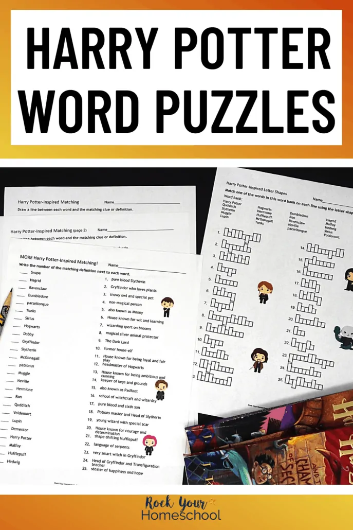 Harry Potter word puzzles with Harry Potter book and pencil to feature the magical learning fun you can have with these Harry Potter printables