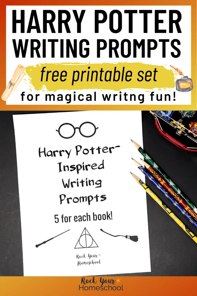 Harry Potter-Inspired writing prompts with pencils and pencil case to feature the magical writing fun you can have with these free printable writing prompts
