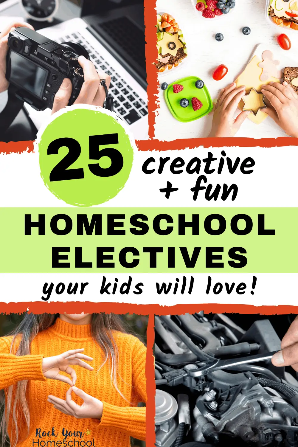 Teen holding camera with laptop in background, kids making snacks, teenage girl doing sign language, and teenage boy working on car motor to feature how you can use these 25 creative and fun homeschool elective ideas to boost learning at home