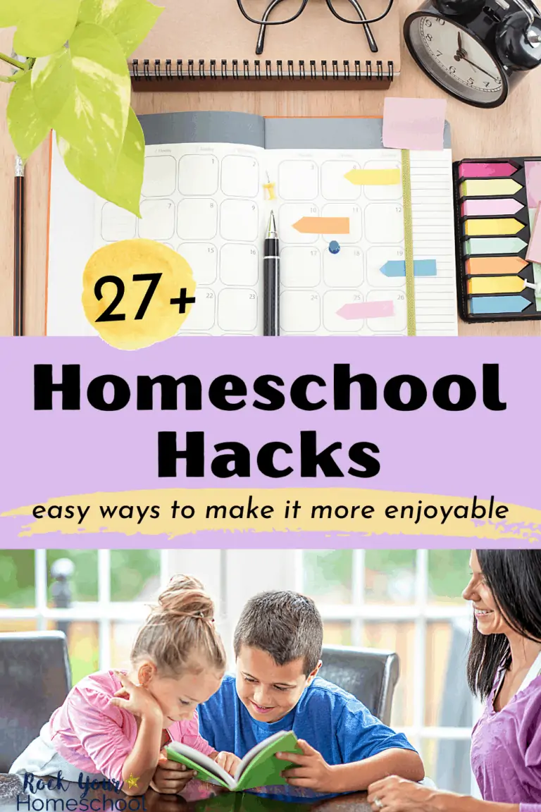 Planner with pen, sticky tabs, clock, glasses, and plant & mom smiling at her kids who are reading a book together to feature how these 27+ homeschool hacks can make it easy to enjoy a successful and smooth homeschool experience