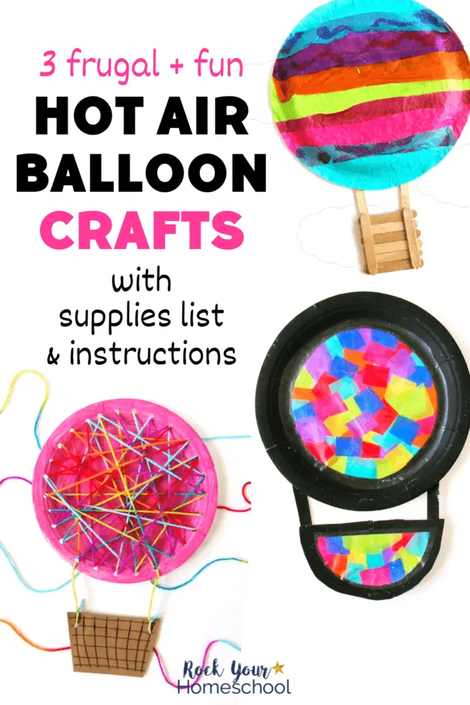colorful hot air balloon tissue paper craft and  hot air balloon suncatcher craft and hot air balloon yarn weave craft