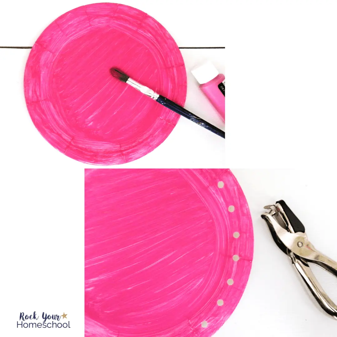 step 1 of hot air balloon yarn weave craft with paper plate, pink paint, paint brush, hole punch