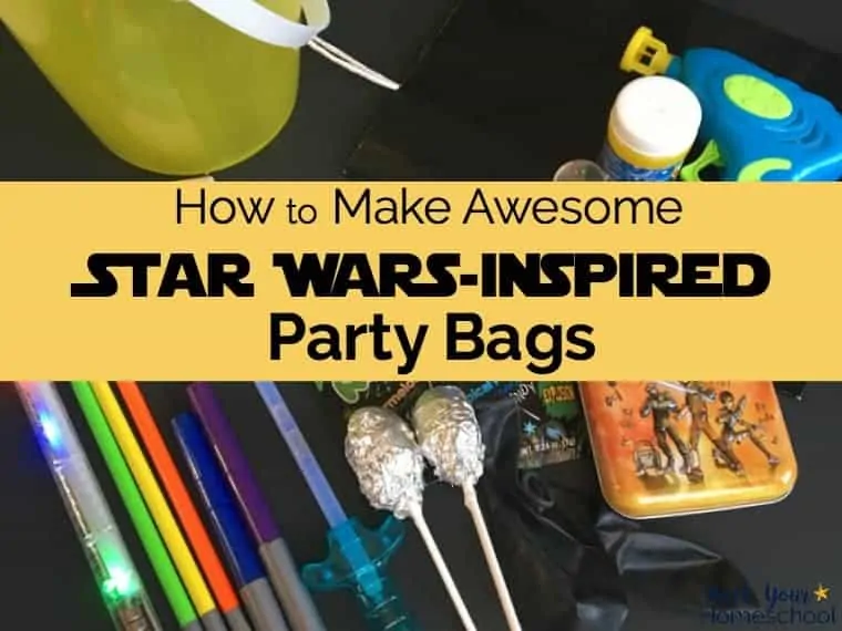 Find out how to make awesome Star Wars-Inspired party bag! These goody bag ideas are fabulous for birthday parties, classroom use, family, and homeschool fun.