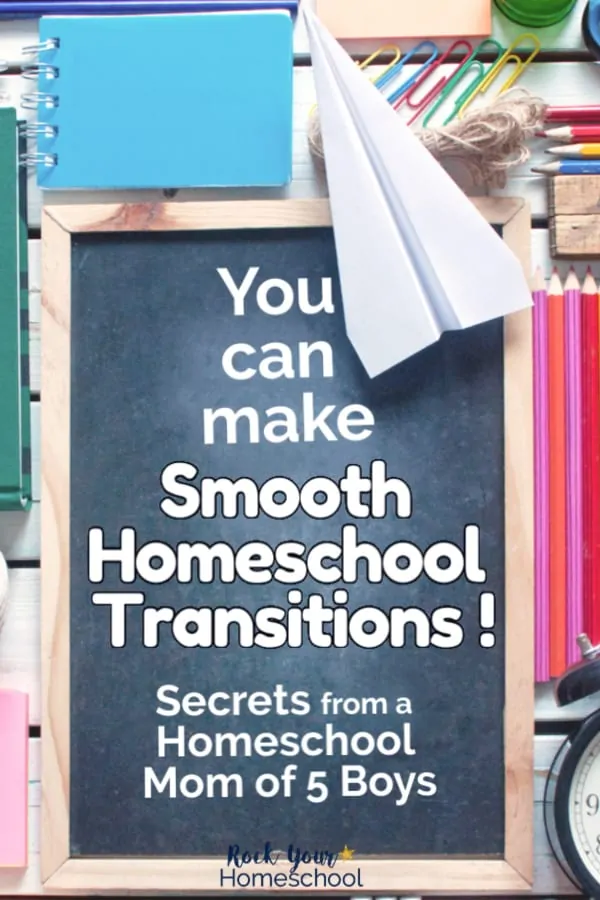 Chalkboard with paper airplane and blue notebook & colorful pencils & paper clips & black analog clock to feature how these secrets can help you make smooth homeschool transitions