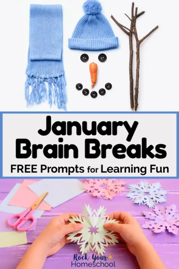 Blue scarf and hat and snowman face with coal and carrot and sticks for parts to make a snowman and child holding paper snowflake with pastel papers and pink scissors on purple background to feature January Brain Breaks to enjoy for learning fun with kids