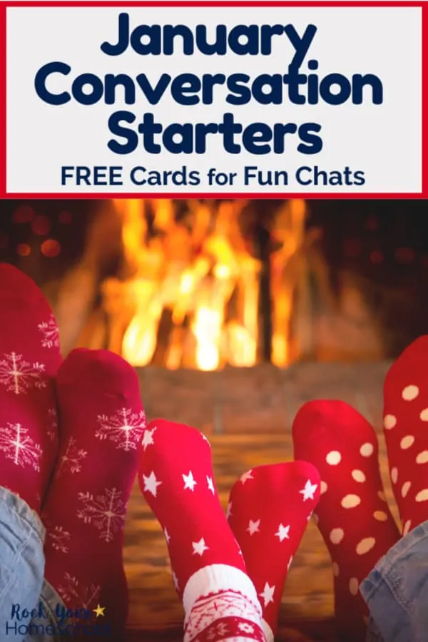Dad, child, and mom wearing red winter socks in front of fire to feature how free January Conversation Starters can help you enjoy fun chats with kids
